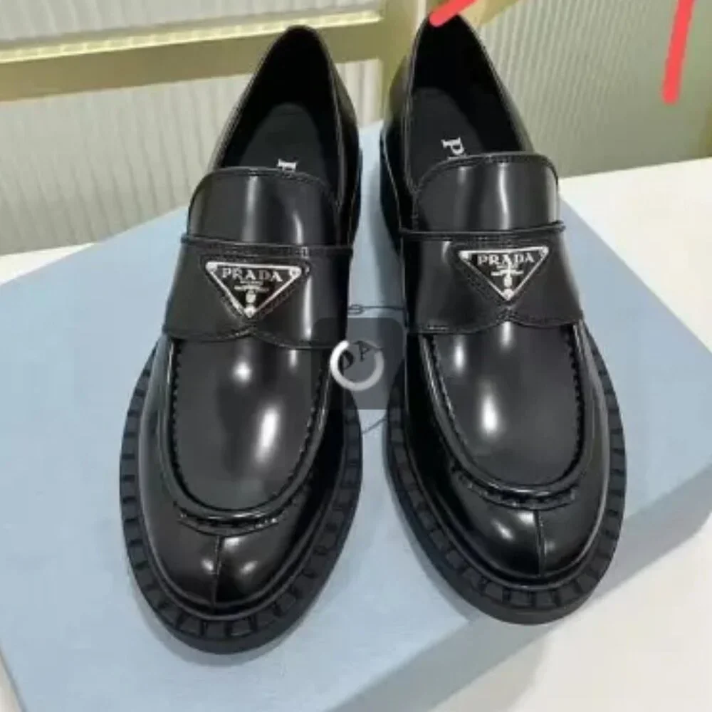 PRADA Chocolate Brushed Leather Loafer Black Size 38 - Picture 4 of 5